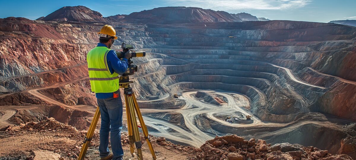 Workers at a mine use surveying techniques to measure and map the open pit mine, ensuring safe, efficient, and environmentally responsible mining operations.