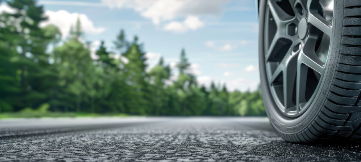 A close-up view of a car tire rolling on a rough asphalt road.